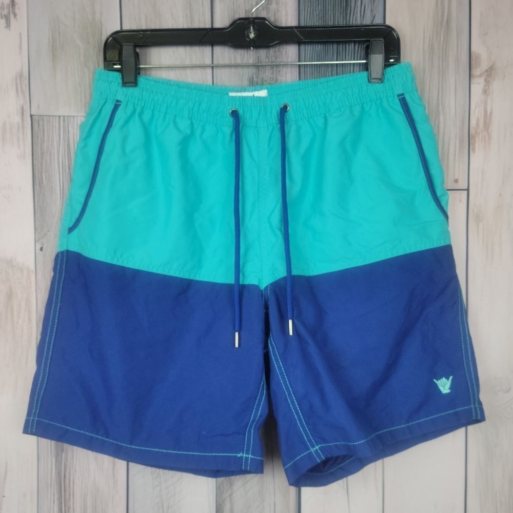 Beach Bros Blue Teal Colorblock Swim Trunks Shorts Size Medium